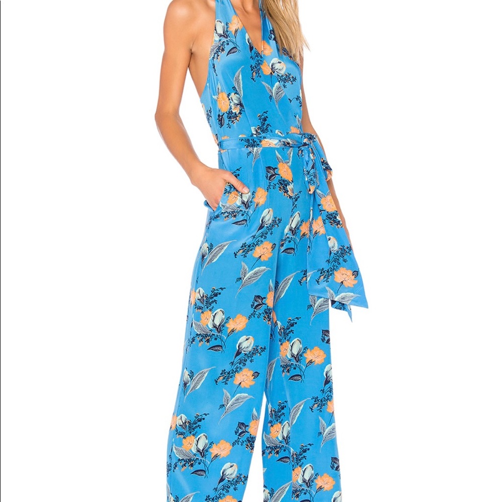 DVF HALTER JUMPSUIT IN SILESE TILE BLUE
